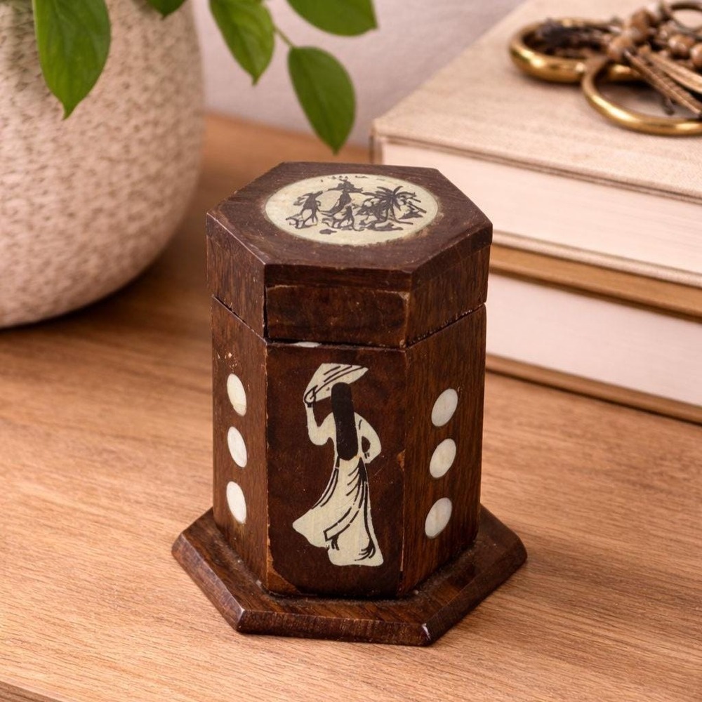 Vintage Hexagonal Wooden Trinket Box With Hand-Painted Artwork & Hinged Lid